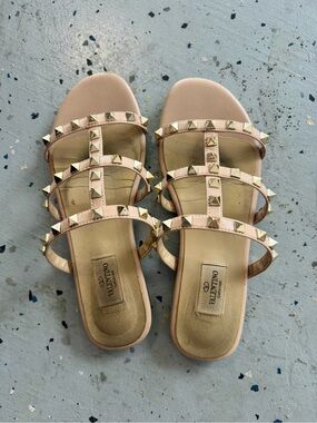 Valentino tan Leather Pyramid-Stud Triple-Strap Sandals